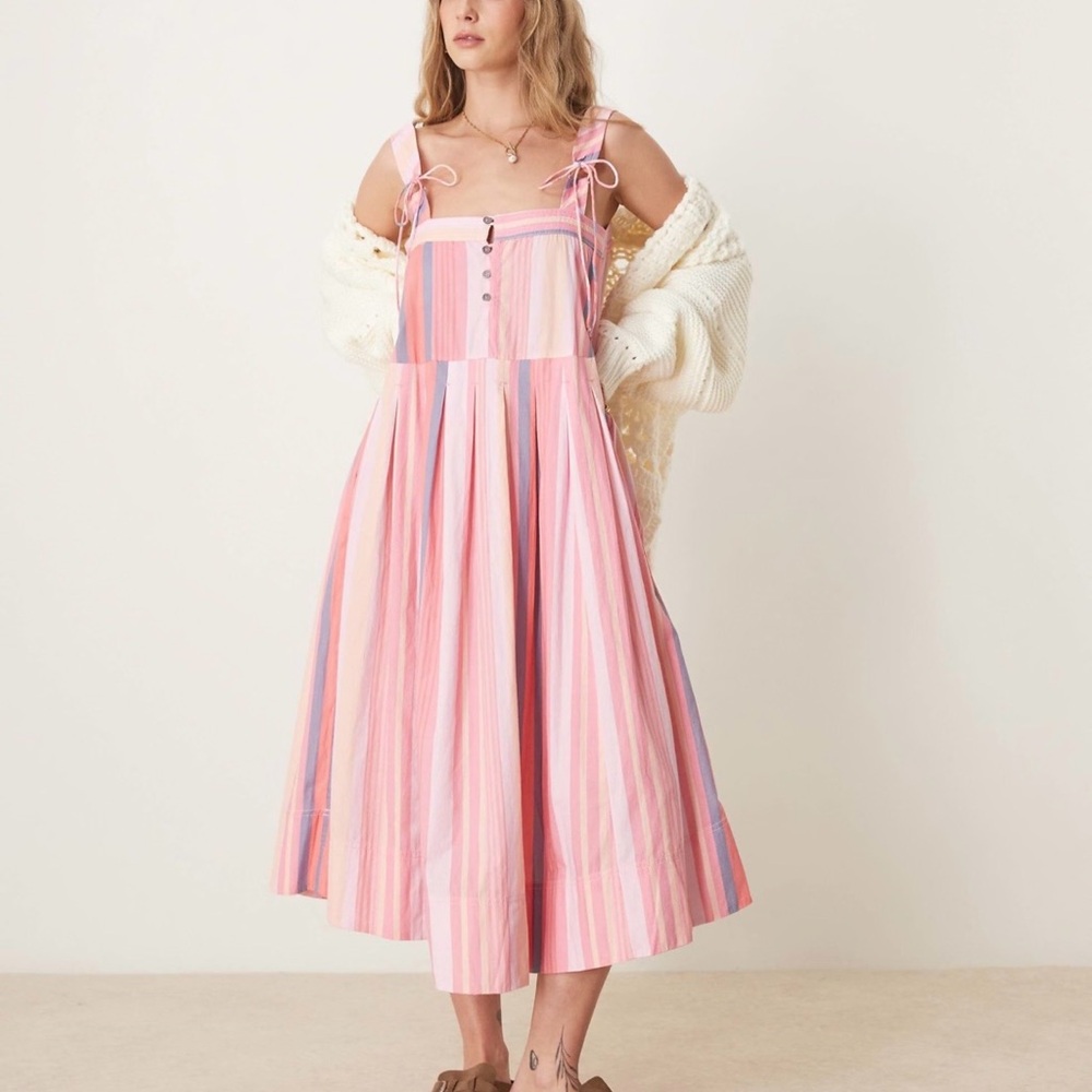 FREE PEOPLE Primavera Stripe Cotton
Midi Dress Sz. M.  NWT color pink - Picture 7 of 13